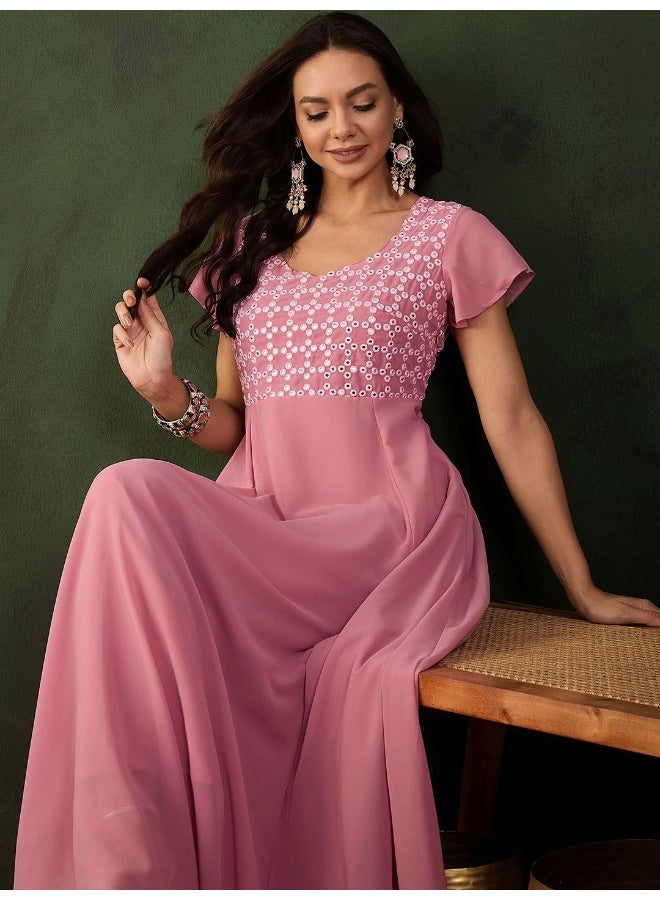 AKS Blush Pink Sequinned Flared Maxi Dress  - Image 1
