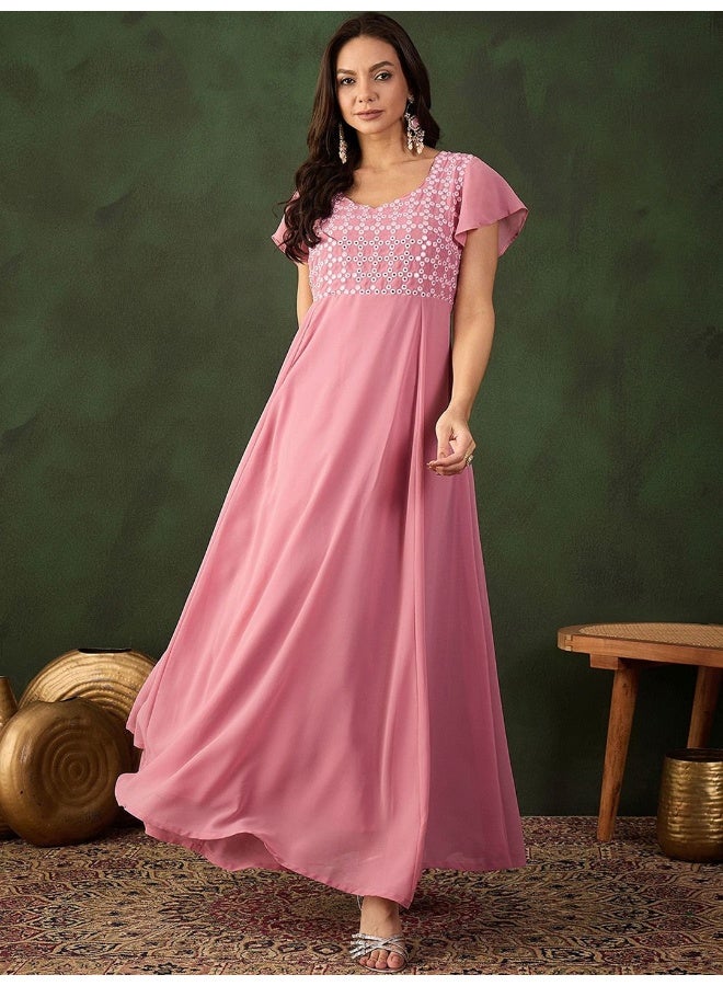 AKS Blush Pink Sequinned Flared Maxi Dress  - Image 3