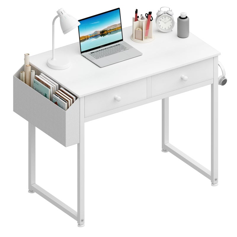 Lufeiya Small White Desk with Drawers for Bedroom 32 Inch Home Office Computer Desk with Fabric Storage Drawer and Bag Study Writing Table for Small Spaces White