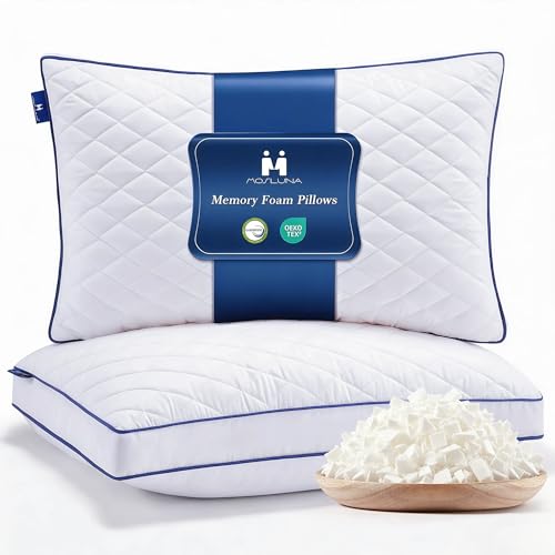 Mosluna Shredded Memory Foam Pillows Standard Size Set of 2 Soft Bed Pillow for Side and Back Sleepers Medium Firm Pillows 2 Pack with Gusset20x26 - Image 1