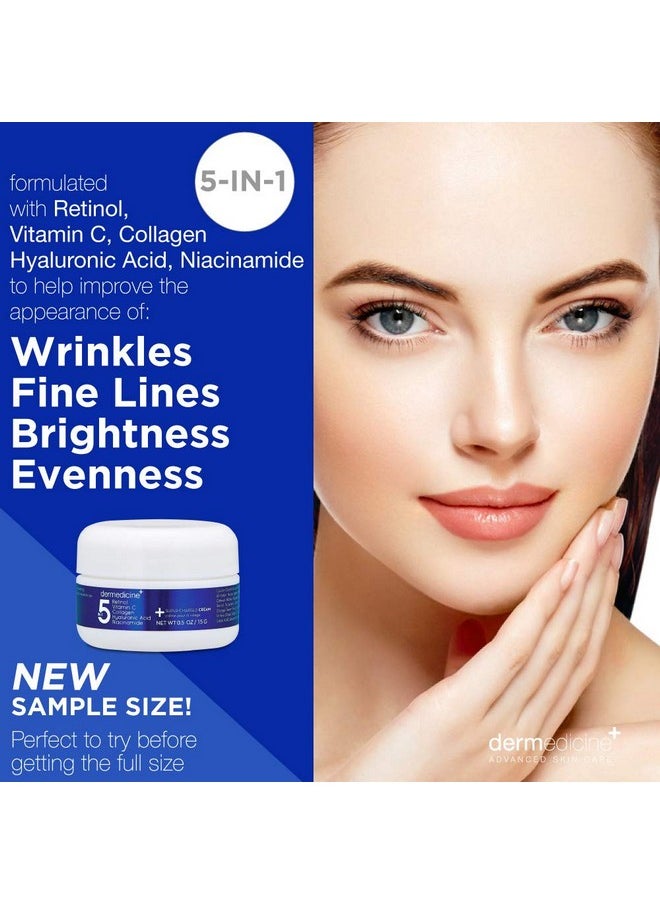 Dermedicine - 5 In 1 Retinol, Vitamin C, Collagen, Hyaluronic Acid, Niacinamide | Potent Face Cream Which May Help Improve Appearance Fine Lines And Wrinkles And Reduce Appearance Of Dark Spots | Trial .5Oz - Image 1