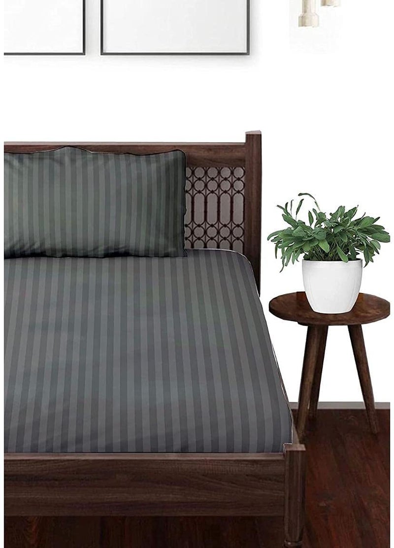 Castiqa Satin Fabric Soft and Breathable Stripes Pattern King Size Flat Single Bed Bedsheet Set with Pillow Cover Tc-150 (Single (1+1) Gray) - Image 2