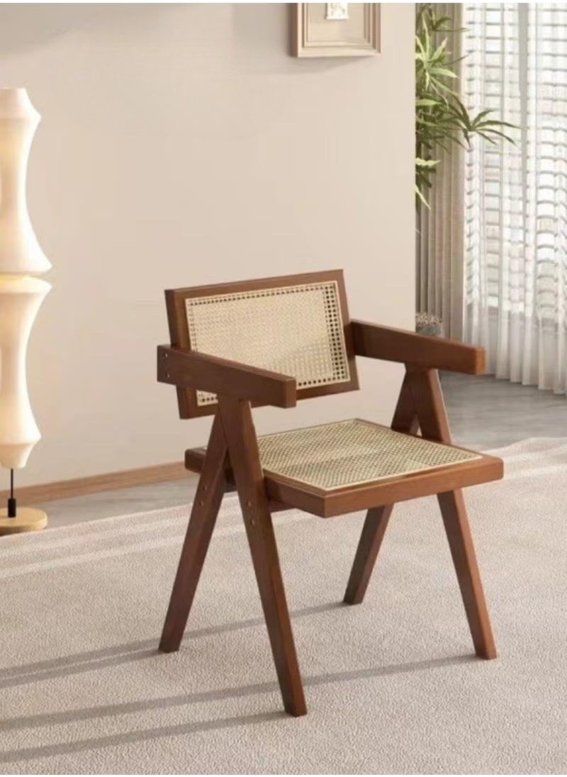 XiuWoo Rattan Reading Chair for Bedroom Comfy Indoor Kitchen Dining Chair with Rattan Backrest Armrest Morden Seat Wood Chair for Home Living Room Farmhouse Restaurant,Dark Brown Color  - Image 1