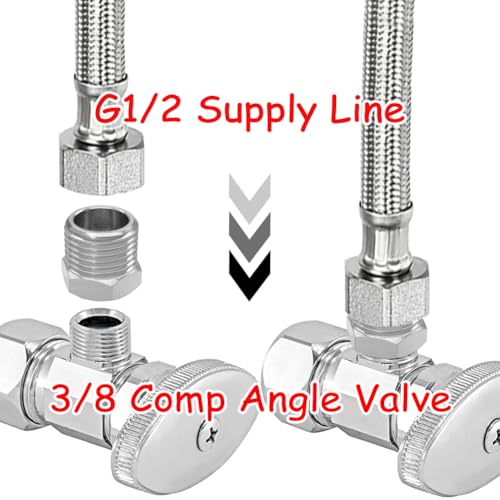 Uenede 3PCS Water Line Adapter, 1/2" Male to 3/8" Female Reducer Bushing, Brass Nickel Plating Compression Fitting for Kitchen Bathroom Faucet Supply Line Hose Stop Valve Connector with Rubber Washer - Image 3