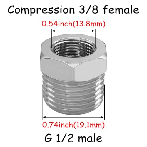 Uenede 3PCS Water Line Adapter, 1/2" Male to 3/8" Female Reducer Bushing, Brass Nickel Plating Compression Fitting for Kitchen Bathroom Faucet Supply Line Hose Stop Valve Connector with Rubber Washer - Image 2