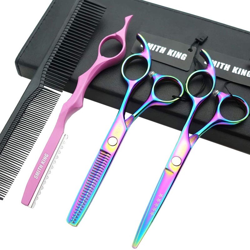 55 Inches Hair Cutting Scissors Set with Razor Combs Lether Scissors CaseHair Cutting Shears Hair Thinning Shears for Personal and Professional Raibow