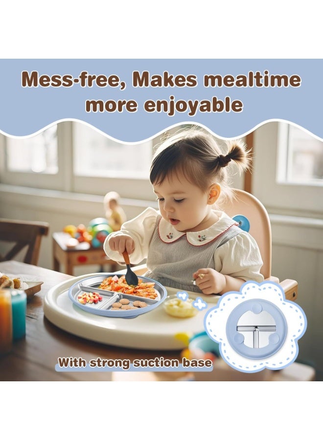 1Pc Stainless Steel Toddler Plates with Suction, BPA-Free Stainless Steel Kids Plates, 8.8 inch Divided Baby Plate for Dishwasher Safe, Non-Slip Silicone Base, Detachable Design (Blue) - Image 1