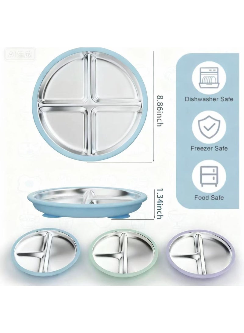 1Pc Stainless Steel Toddler Plates with Suction, BPA-Free Stainless Steel Kids Plates, 8.8 inch Divided Baby Plate for Dishwasher Safe, Non-Slip Silicone Base, Detachable Design (Blue) - Image 4