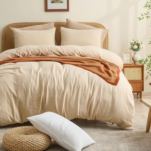 MEISHANG Muslin Duvet Cover Queen Size - 100% Organic Cotton, Soft Textured Gauze Weave Duvet Cover for Breathable All-Season Oeko-Tex Certified - 3 Piece Set (Queen, Linen) - Image 1