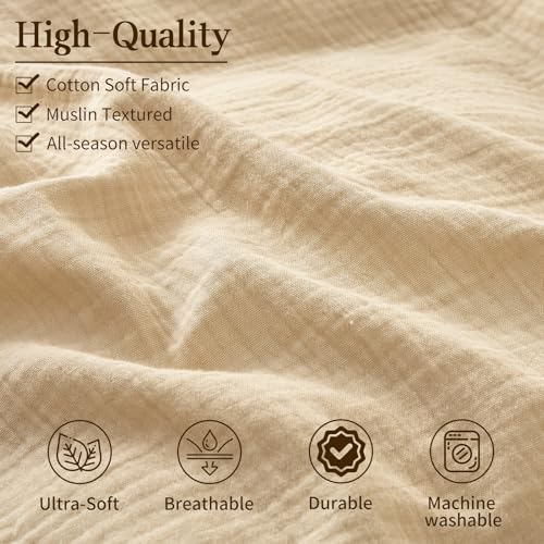MEISHANG Muslin Duvet Cover Queen Size - 100% Organic Cotton, Soft Textured Gauze Weave Duvet Cover for Breathable All-Season Oeko-Tex Certified - 3 Piece Set (Queen, Linen) - Image 5