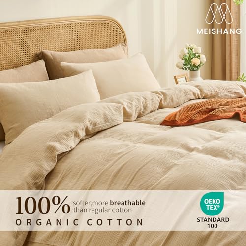 MEISHANG Muslin Duvet Cover Queen Size - 100% Organic Cotton, Soft Textured Gauze Weave Duvet Cover for Breathable All-Season Oeko-Tex Certified - 3 Piece Set (Queen, Linen) - Image 4