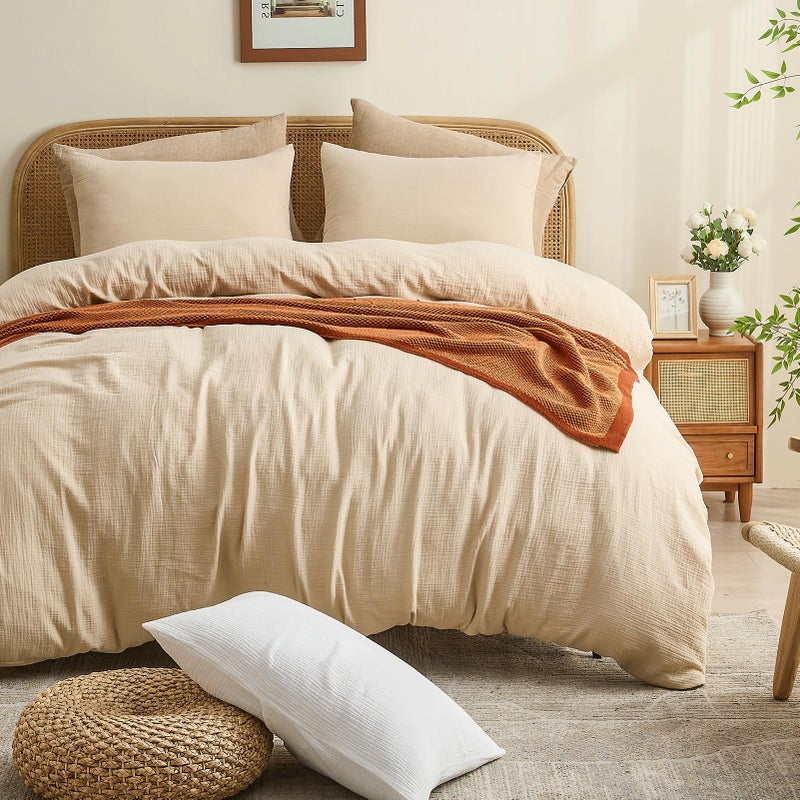 MEISHANG Muslin Duvet Cover Queen Size - 100% Organic Cotton, Soft Textured Gauze Weave Duvet Cover for Breathable All-Season Oeko-Tex Certified - 3 Piece Set (Queen, Linen) - Image 2