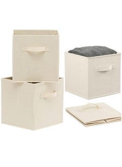 VUCATIN 4PCS Storage Cubes Collapsible Storage Boxes with Handles Fabric Folding Boxes for Organisation Wardrobe Shelving Office Toys Durable Storage Boxes (Beige)  - Image 1