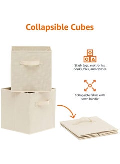 VUCATIN 4PCS Storage Cubes Collapsible Storage Boxes with Handles Fabric Folding Boxes for Organisation Wardrobe Shelving Office Toys Durable Storage Boxes (Beige)  - Image 2