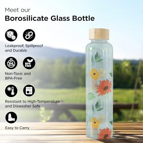 UMAI Water Bottle | Borosilicate Glass | Gradient Water Bottle With Bamboo Lid For Home Office & Travel Use | Leak Proof | 750ml | Glass Water Bottle For Fridge | Blue-Pink (Flower Print) - Image 3