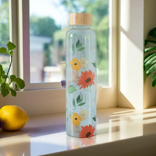 UMAI Water Bottle | Borosilicate Glass | Gradient Water Bottle With Bamboo Lid For Home Office & Travel Use | Leak Proof | 750ml | Glass Water Bottle For Fridge | Blue-Pink (Flower Print) - Image 1