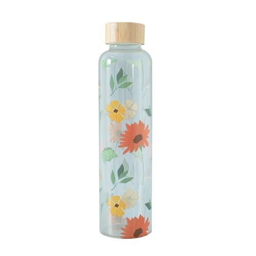 UMAI Water Bottle | Borosilicate Glass | Gradient Water Bottle With Bamboo Lid For Home Office & Travel Use | Leak Proof | 750ml | Glass Water Bottle For Fridge | Blue-Pink (Flower Print) - Image 2