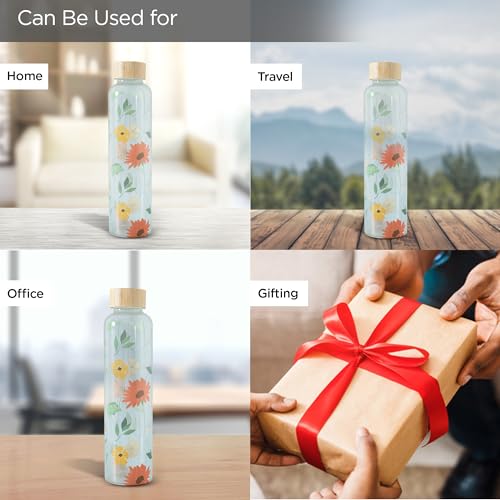 UMAI Water Bottle | Borosilicate Glass | Gradient Water Bottle With Bamboo Lid For Home Office & Travel Use | Leak Proof | 750ml | Glass Water Bottle For Fridge | Blue-Pink (Flower Print) - Image 5