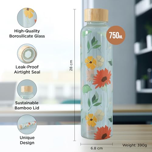 UMAI Water Bottle | Borosilicate Glass | Gradient Water Bottle With Bamboo Lid For Home Office & Travel Use | Leak Proof | 750ml | Glass Water Bottle For Fridge | Blue-Pink (Flower Print) - Image 4