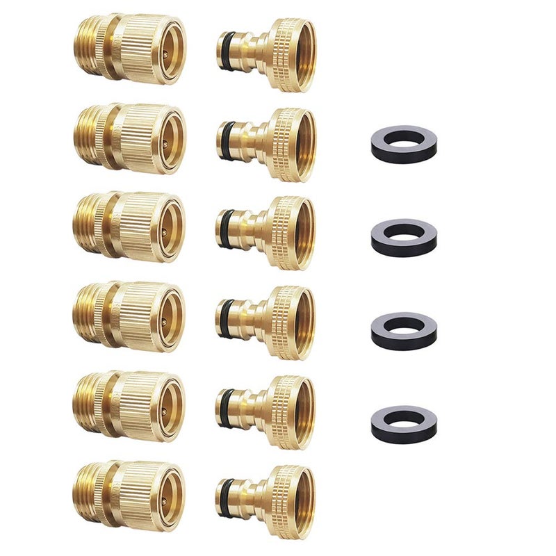 HQMPC Garden Hose Quick Connector Water Hose Qucik Connect Garden Hose Connectors Brass Hose connectors Water Quick Connect Fittings 3/4" Inch GHT Solid Brass 6 Sets(6pcs Male Coupling 6pcs Female Nipple) - Image 1