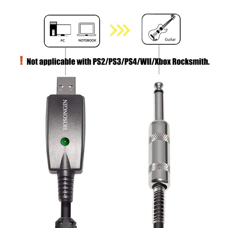 HOSONGIN USB Guitar Cable - USB Interface Male to 6.35mm 1/4" TS Mono Electric Guitar Converter Cable (10 Ft, Black) - Image 2