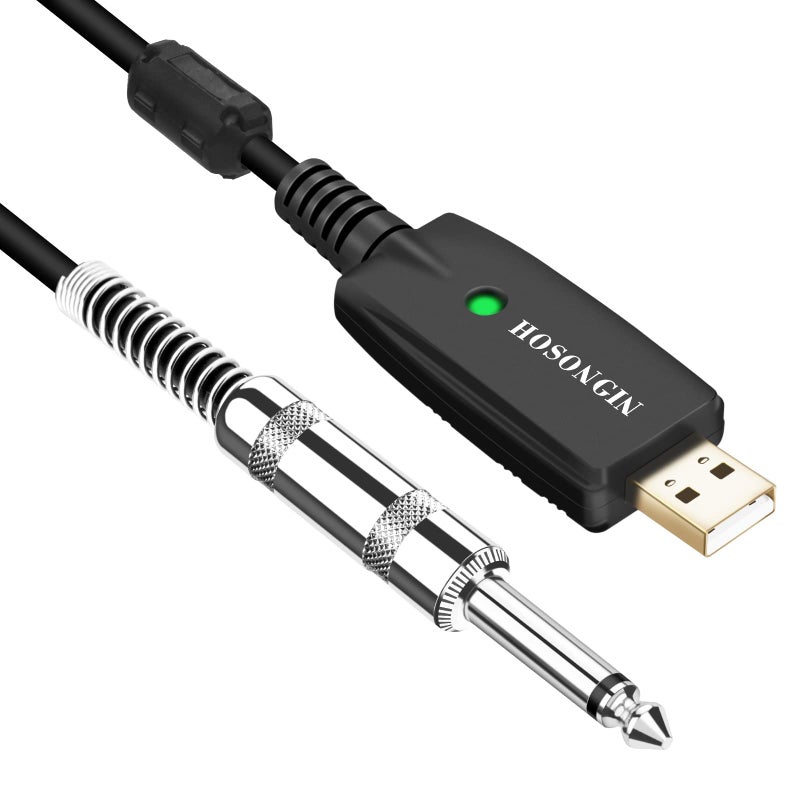 HOSONGIN USB Guitar Cable - USB Interface Male to 6.35mm 1/4" TS Mono Electric Guitar Converter Cable (10 Ft, Black) - Image 1
