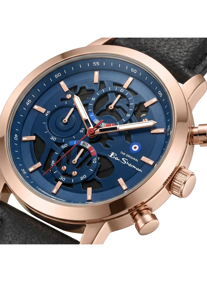 بين شيرمان Nottingham Blue Dial Black Genuine Leather Strap Chronograph Watch for Men, 44mm