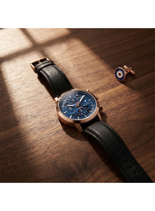Ben Sherman Nottingham Blue Dial Black Genuine Leather Strap Chronograph Watch for Men, 44mm - Image 4