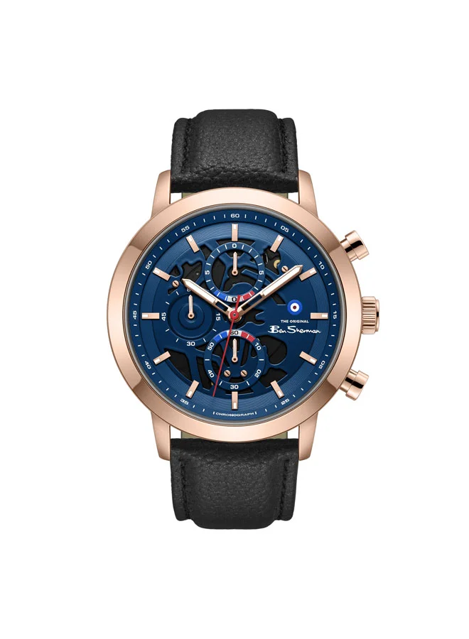 بين شيرمان Nottingham Blue Dial Black Genuine Leather Strap Chronograph Watch for Men, 44mm