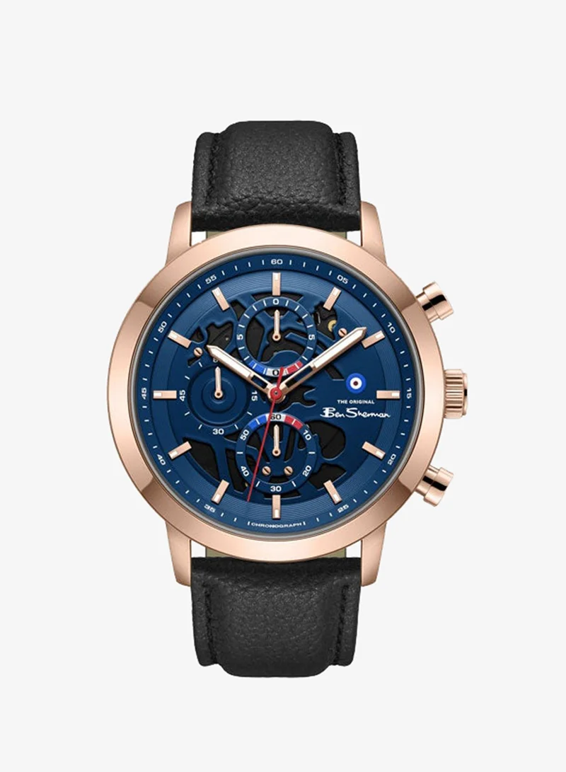 Ben Sherman Nottingham Blue Dial Black Genuine Leather Strap Chronograph Watch for Men, 44mm