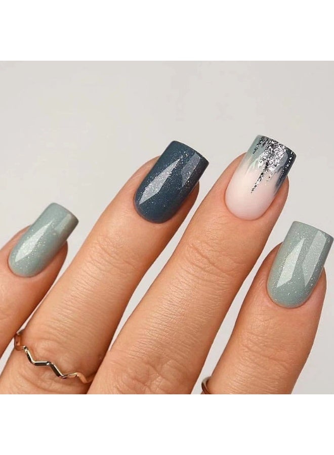 Goolsky Premium Short Square Press-on Nails with Blue Green Glitter Gradient for Cool Glam