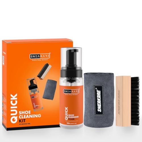 SNEAKARE Quick Shoe Cleaning Kit | Contains 150ml Foam Shoe Cleaner, 1 Medium Shoes Brush & 1 Microfiber Cleaning Cloth (Microfiber Towel) | Suitable for Sneakers, Nubuck, Leather, Suede & Sport Shoes - Image 1