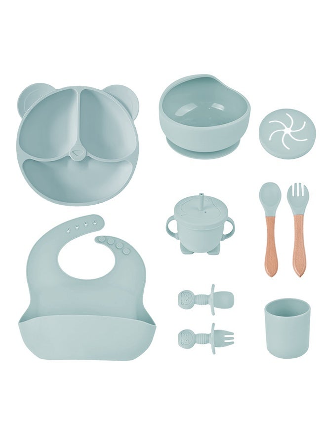 10-Piece Silicone Baby Feeding Set BPA Free | Suction Bowl & Divided Plate with Spoons Forks Sippy Cup Bib | Toddler Self Feeding Utensils(Light Blue) - Image 1