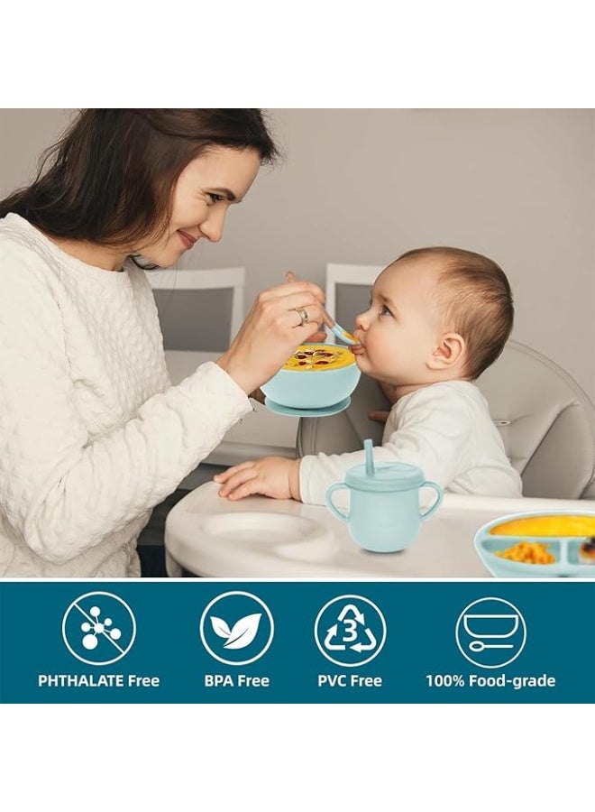 10-Piece Silicone Baby Feeding Set BPA Free | Suction Bowl & Divided Plate with Spoons Forks Sippy Cup Bib | Toddler Self Feeding Utensils(Light Blue) - Image 2