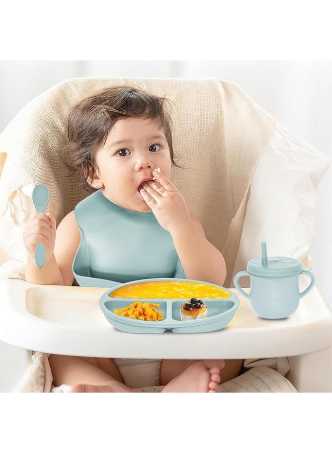 10-Piece Silicone Baby Feeding Set BPA Free | Suction Bowl & Divided Plate with Spoons Forks Sippy Cup Bib | Toddler Self Feeding Utensils(Light Blue) - Image 4