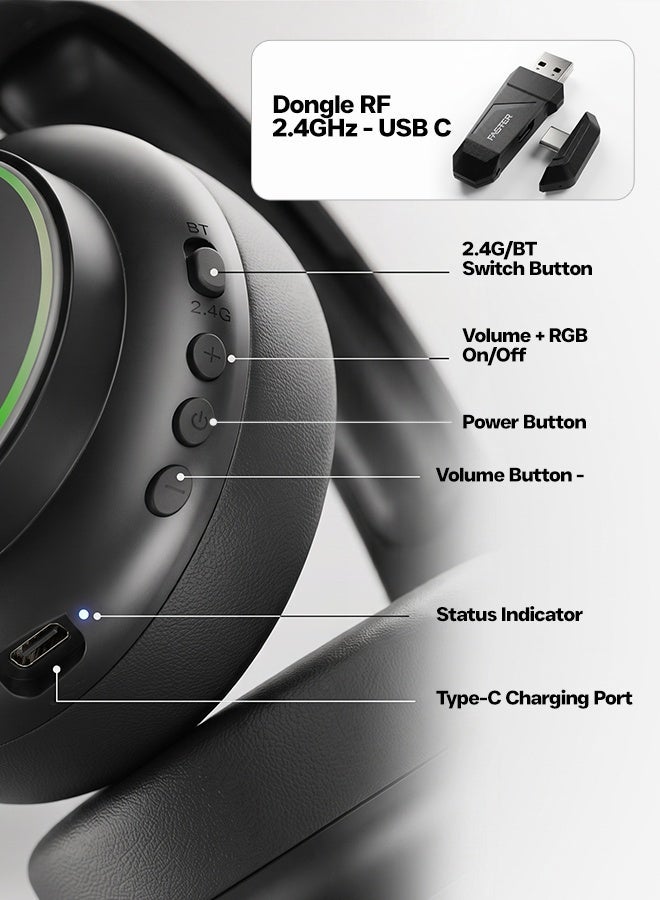 Faster BG600 STRAYGOS Wireless Gaming Headset – Tri-Mode 2.4GHz + Bluetooth + Wired, Ultra Low Latency, 50mm Drivers, ENC Noise-Canceling Mic, RGB Light FX, 10H Playtime, Over-Ear Gaming Headphones for PS5/PS4/PC/Mac/Xbox/Switch, White - Image 3