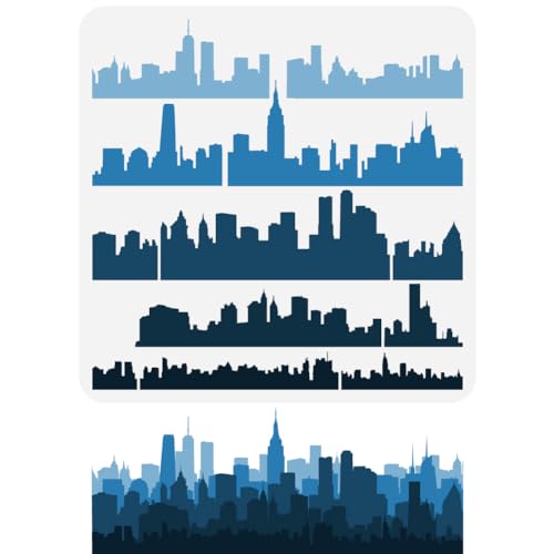 FINGERINSPIRE Layered City Silhouette Stencil 118x118 inch Plastic City Buildings Scape Patterns Template for DIY Art and Craft Home Wall Decor - Image 1