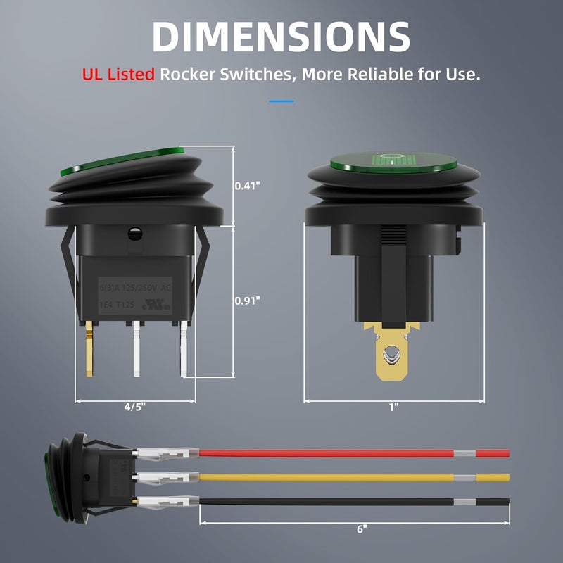DAIERTEK Round Toggle Switch Green LED [UL Listed] 12V 20A Waterproof Rocker Switch 3 Pin SPST Lighted ON Off Marine Switch for Car Motorcycle UTV ATV -5pcs - Image 2