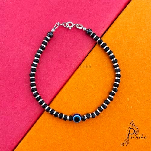 Parnika (Formerly MJ 925 Trendy Black Crystals Beads Nazariya Silver Bracelet in Pure 92.5 Sterling Silver | With Certificate of Authenticity | Gift For Girls n Women | (Evil Eye) - Image 4
