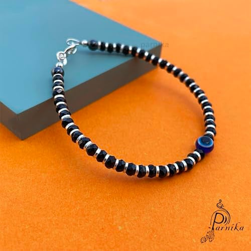 Parnika (Formerly MJ 925 Trendy Black Crystals Beads Nazariya Silver Bracelet in Pure 92.5 Sterling Silver | With Certificate of Authenticity | Gift For Girls n Women | (Evil Eye) - Image 3