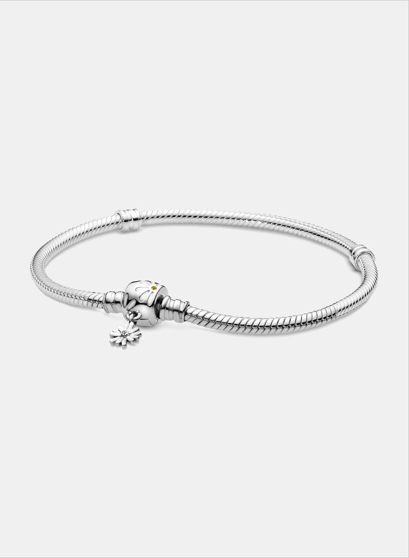 PANDORA Snake Chain Sterling Silver Bracelet And Daisy Clasp with Yellow Crystal, Clear Cubic Zirconia And White Enamel