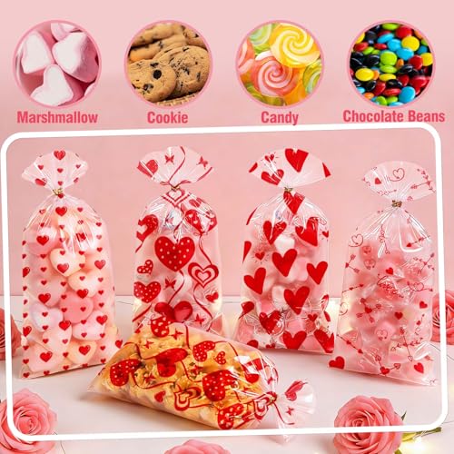 ONFAON Valentines Bags, 180pcs Valentines Goodie Bags with 200pcs Twists for Snacks Cookies Candy Packing, Cellophane Treat Bags for Kids - Image 4