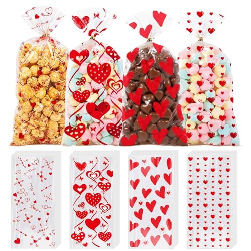 ONFAON Valentines Bags, 180pcs Valentines Goodie Bags with 200pcs Twists for Snacks Cookies Candy Packing, Cellophane Treat Bags for Kids - Image 1