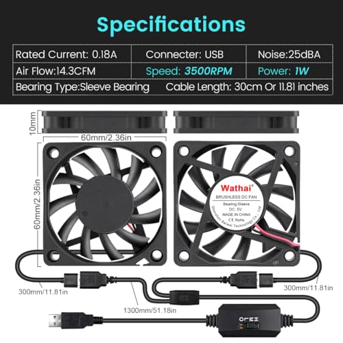 Wathai 2 Packs Wathai 60mm x 10mm USB Computer Fan 5V with Speed Control DC Brushless Cooling Fans for Charger PC Case Router Raspberry Pi Radiator Cooler Ventilation - Image 2