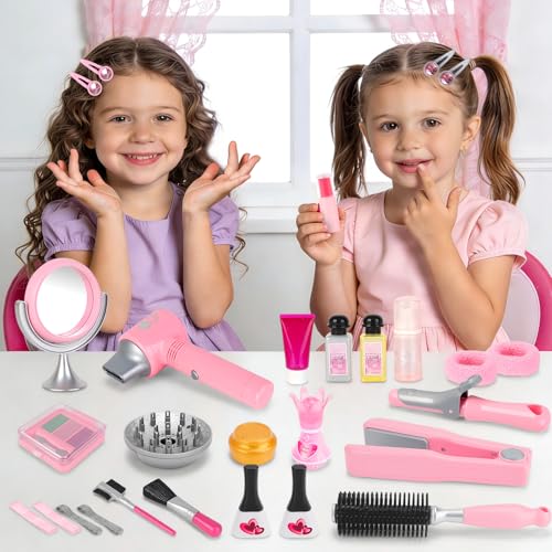 deAO Hair Salon Toys for Girls Beauty Salon Set Kids Pretend Hair Styling Set with Hairdryer Mirror Curling Iron and Stylist Accessories for Toddler Makeup Party Christmas Fake Makeup - Image 5