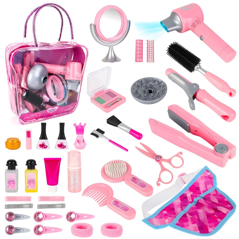deAO Hair Salon Toys for Girls Beauty Salon Set Kids Pretend Hair Styling Set with Hairdryer Mirror Curling Iron and Stylist Accessories for Toddler Makeup Party Christmas Fake Makeup - Image 3
