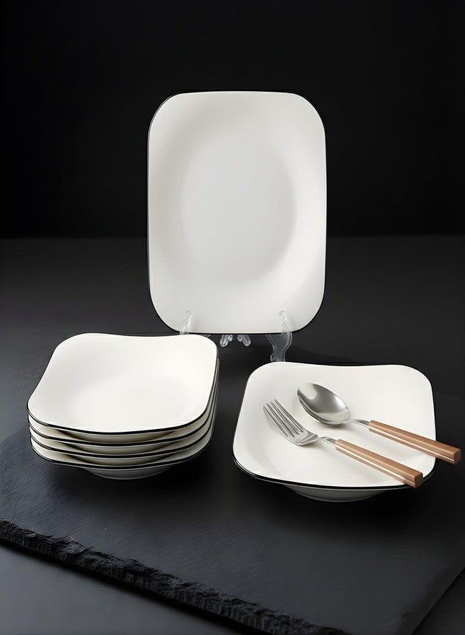 OLWICK 7.5 Inch Modern White Ceramic Square Serving Plate, Elegant Porcelain Dessert & Salad Plate with Minimalist Black Rim, Stackable Nordic Style Dishware for Appetizer, Fruit, and Sushi (Set of 6) - Image 1
