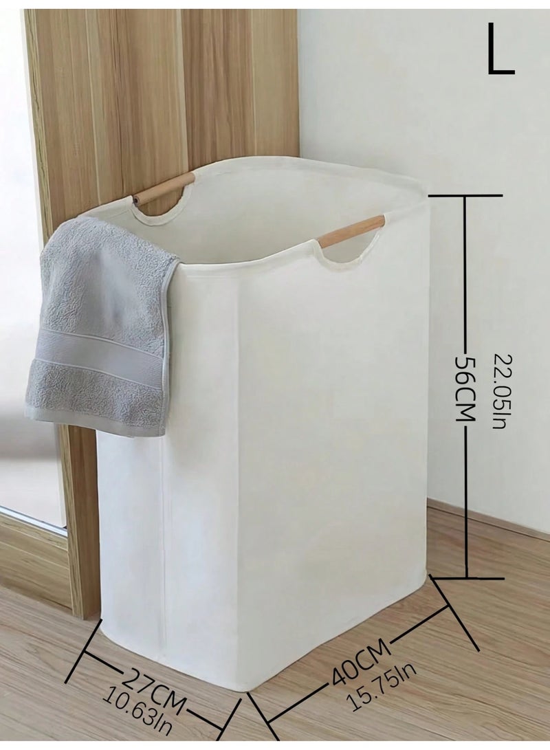 Fasola Large Laundry Hamper Basket, Collapsible Storage Basket with Wood Handles, Foldable Cotton Linen Clothes Organizer for Bedroom, Bathroom, Living Room (White, 40x27x56cm) - Image 2