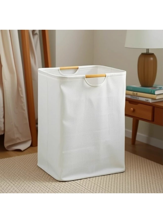Fasola Large Laundry Hamper Basket, Collapsible Storage Basket with Wood Handles, Foldable Cotton Linen Clothes Organizer for Bedroom, Bathroom, Living Room (White, 40x27x56cm) - Image 4