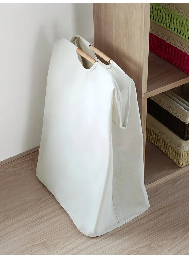 Fasola Large Laundry Hamper Basket, Collapsible Storage Basket with Wood Handles, Foldable Cotton Linen Clothes Organizer for Bedroom, Bathroom, Living Room (White, 40x27x56cm) - Image 3
